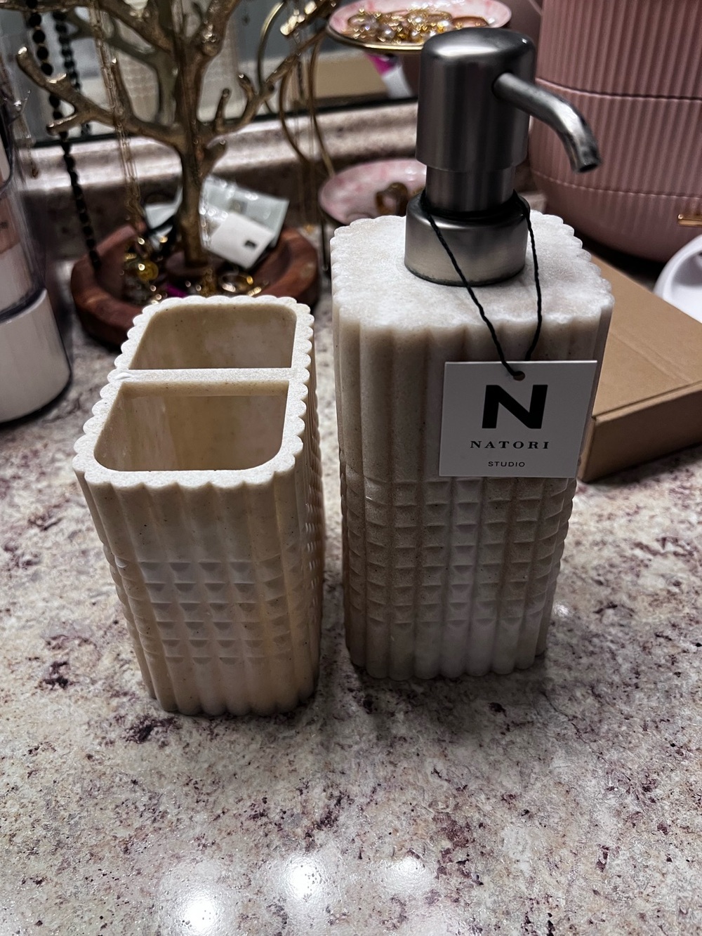 Natori Cream Marble Textured Soap Dispenser and Tumbler Set